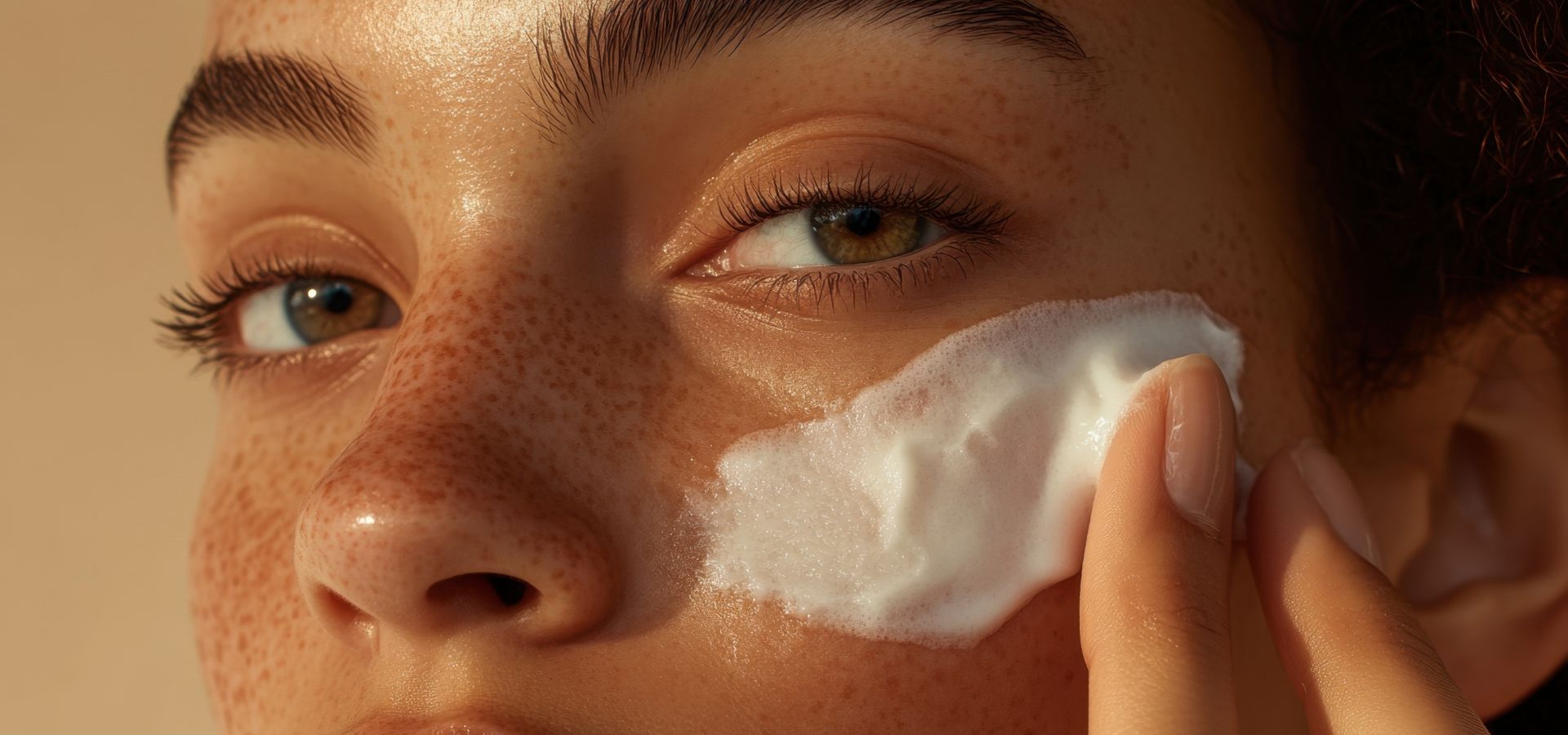 Close-up of a person applying cream to their face with a neutral background