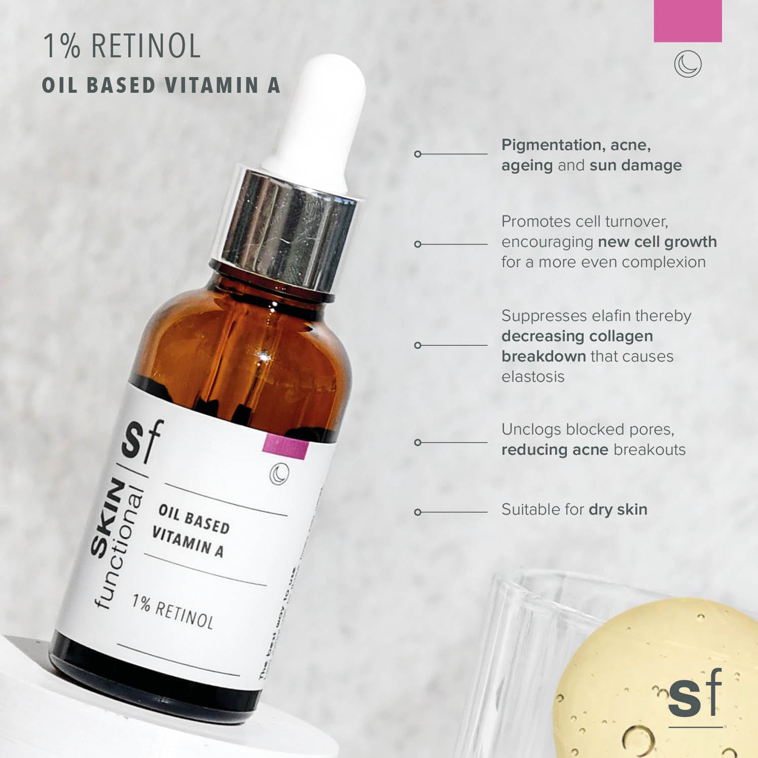 Brown bottle with dropper labeled 'skin functional' on a light gray background