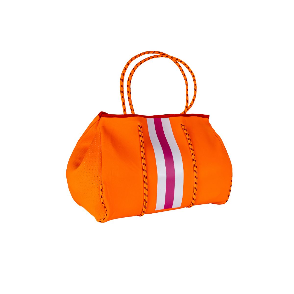 Orange bag with white and pink stripes on a white background