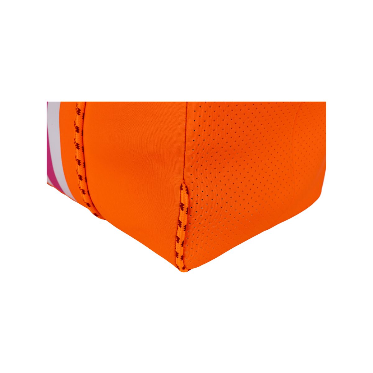 Close-up of an orange sports cap with white and red accents on a white background